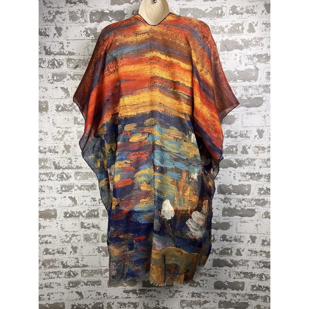 Monet Water Lilies Inspired Ruana Kimono Poly Chiffon Resort Cover Up Fringe Hem - Picture 3 of 14